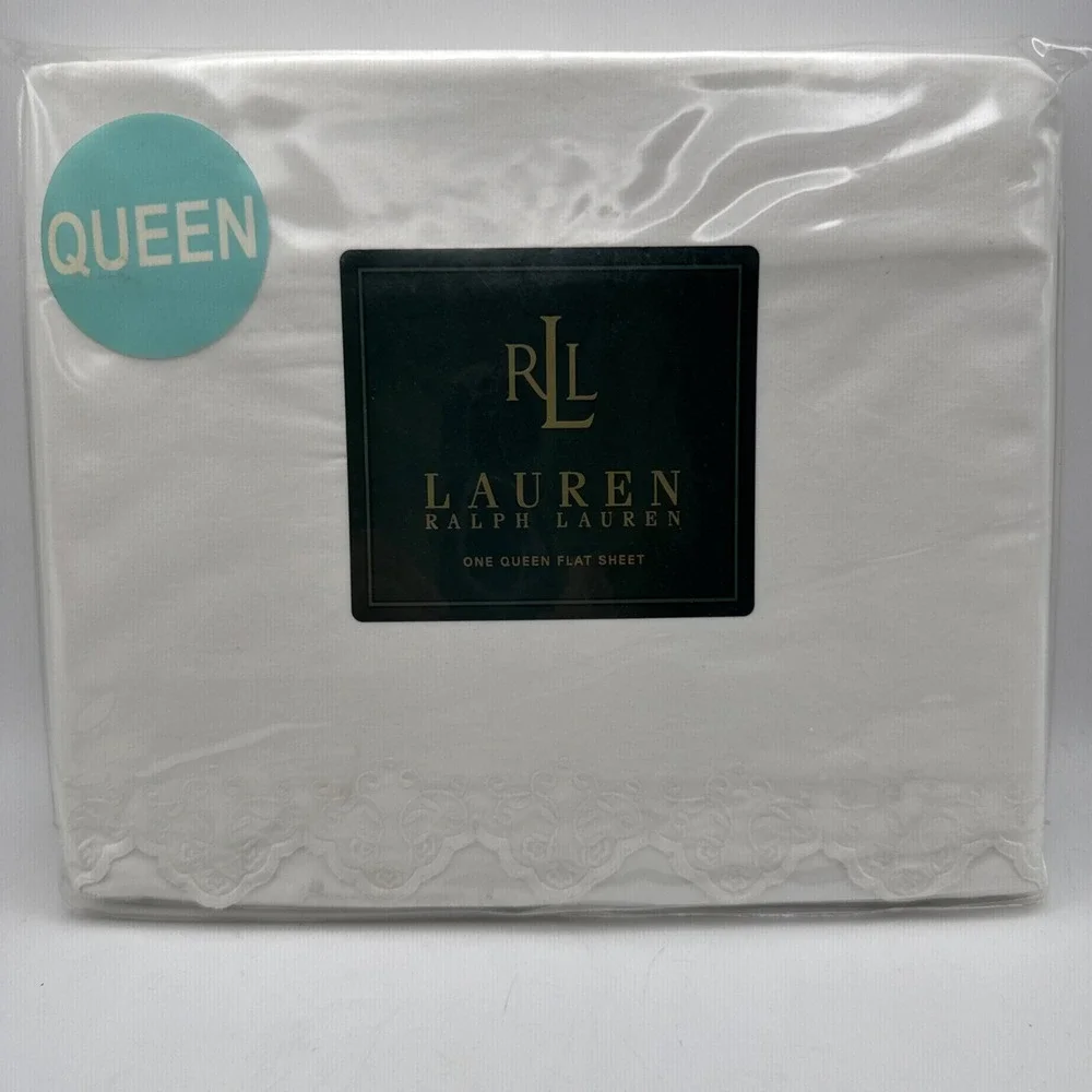 Ralph Lauren QUEEN Flat Sheet BRITTANY Lace White Scallop Embroidered Vtg 90s